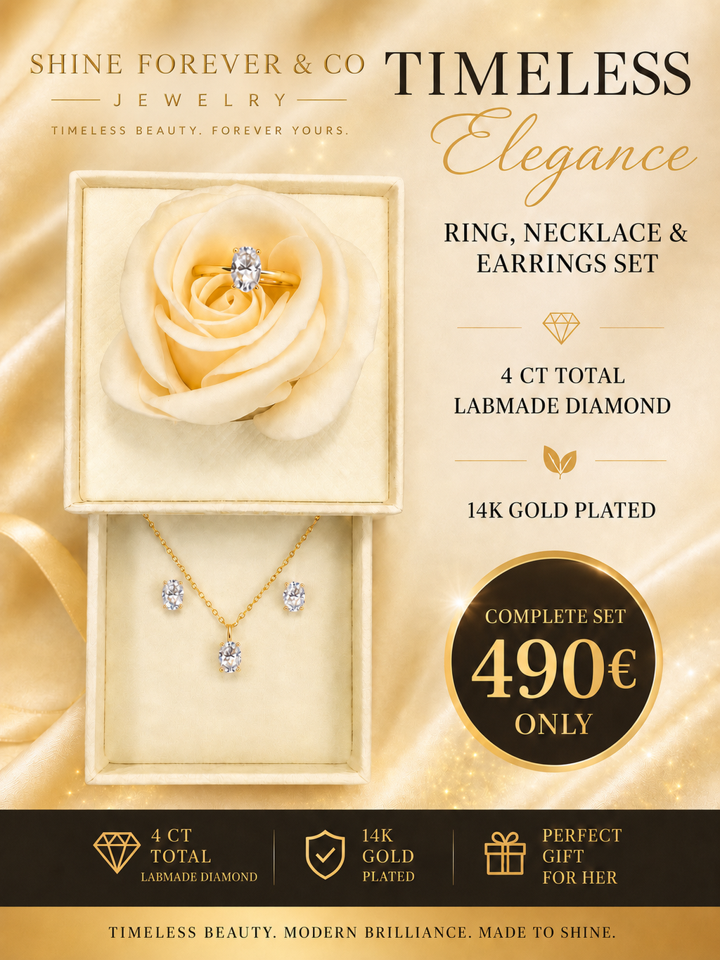 4,00Ct Oval Labmade Set 14K Gold Plaited