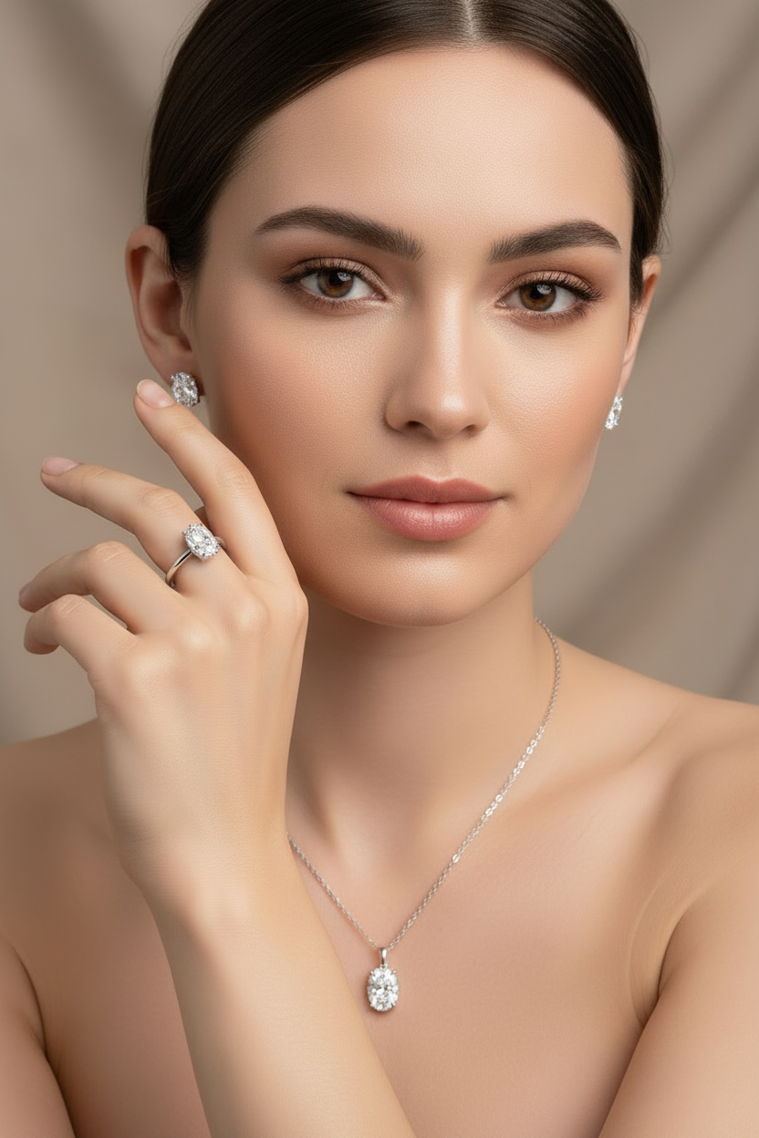 Set 4ct Oval Labmade Diamond in Rhodium plated Silver